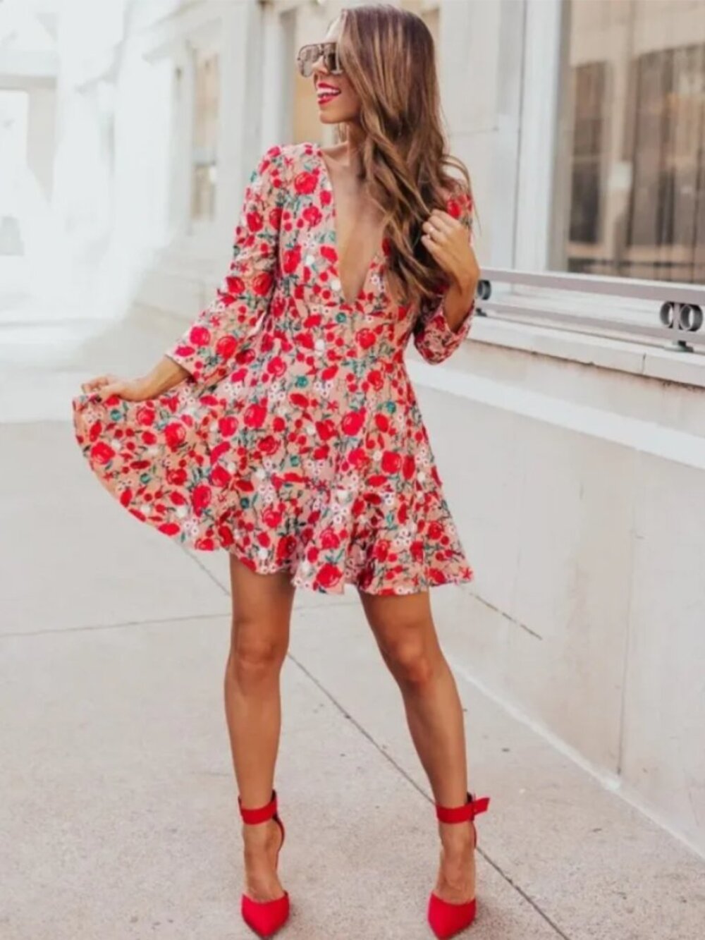 Lovers + Friends Vira Mini Dress 3/4 Sleeve Women's Large Deep V Red Romantic